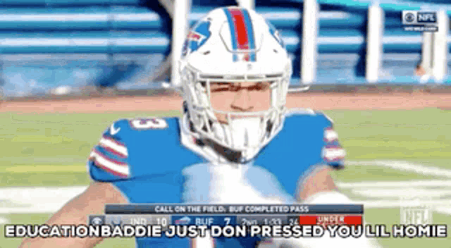 a football player with the number 3 on his helmet is on the field .