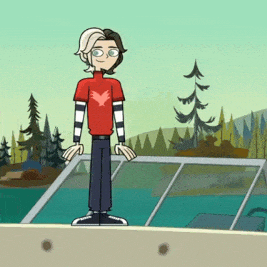 a cartoon character with a red shirt with a bird on it