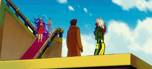 a group of cartoon characters standing on top of a building with a x on their chest