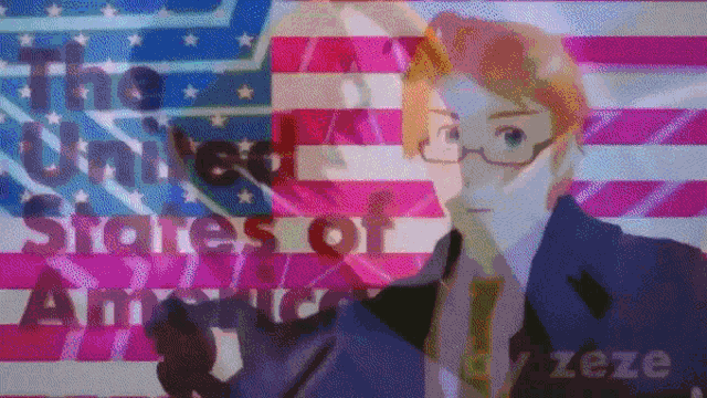 a man with glasses stands in front of an american flag with the words " the united states of america " on it