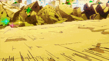 a cartoon drawing of a desert landscape with buildings and mountains