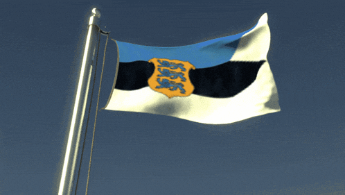 a blue white and black flag with a yellow shield on it