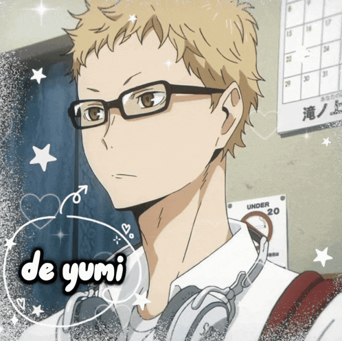 a picture of a boy wearing glasses and headphones with the words de yumi below him