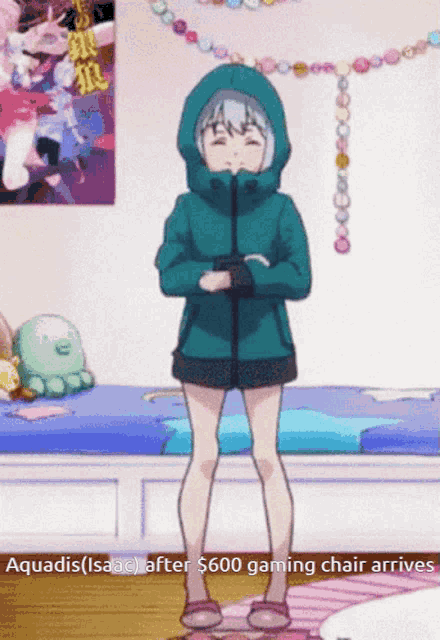 a girl in a hooded jacket is standing in front of a bed and a poster that says aquadis