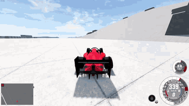 a red race car in a video game with a speedometer that reads 335 mph
