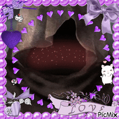 a picture frame with purple hearts and the word love on the bottom