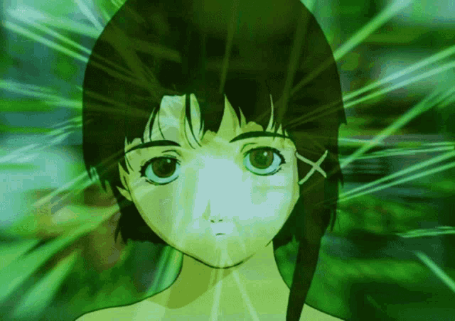 a close up of a girl 's face with green lights behind her