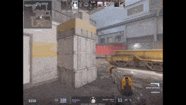 a screenshot of a video game shows a stack of boxes and a person holding a gun