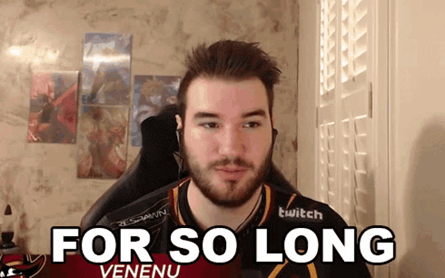 a man with a beard wearing a twitch shirt says for so long venenu