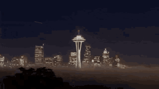 a city skyline at night with the space needle in the middle