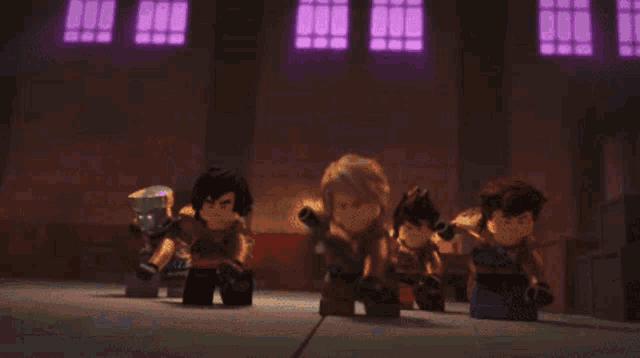 a group of ninjago characters are fighting each other in a room with a building in the background .