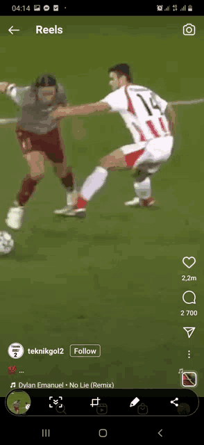 a screenshot of a soccer game on a phone with the words reels at the top