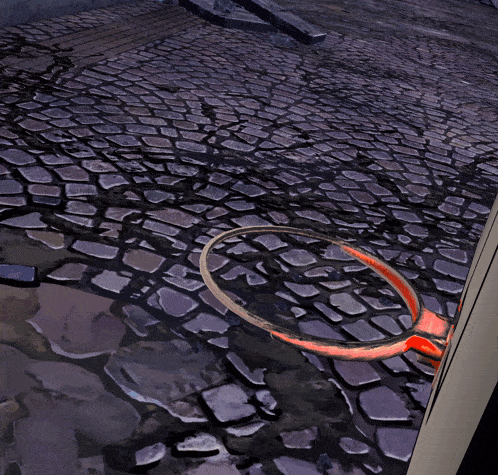 a basketball hoop is sitting on a cobblestone floor