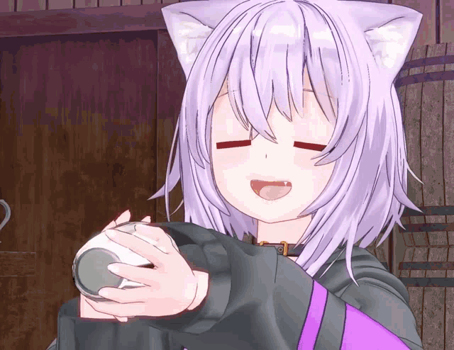 a cartoon girl with purple hair and cat ears is holding a can