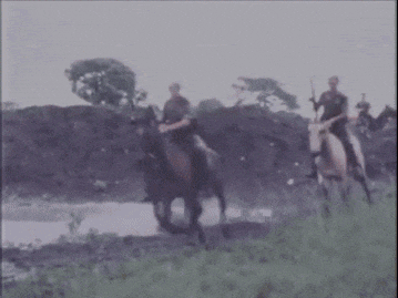 a man riding a horse with a gun on his shoulder