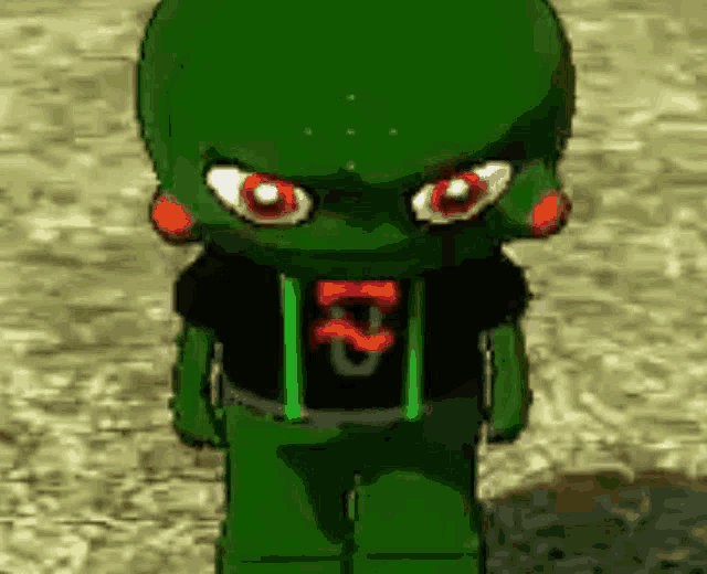 a green cartoon character with red eyes is wearing a black shirt with a letter u on it