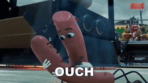a cartoon of a sausage holding another sausage with the word ouch below it