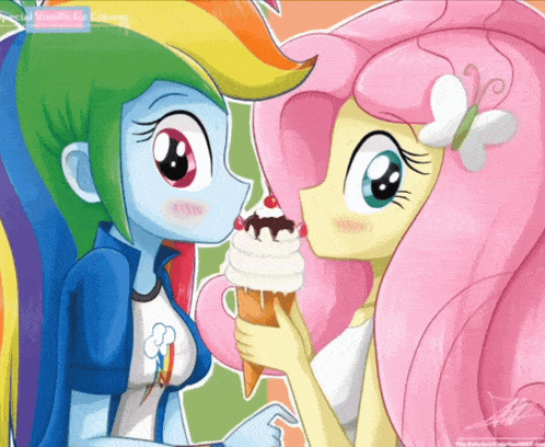 rainbow dash and fluttershy from my little pony are eating ice cream