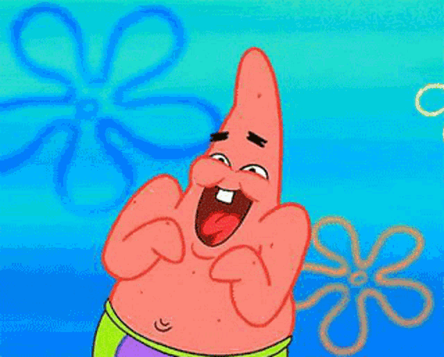 patrick star from spongebob squarepants is laughing with his mouth open and his tongue hanging out .