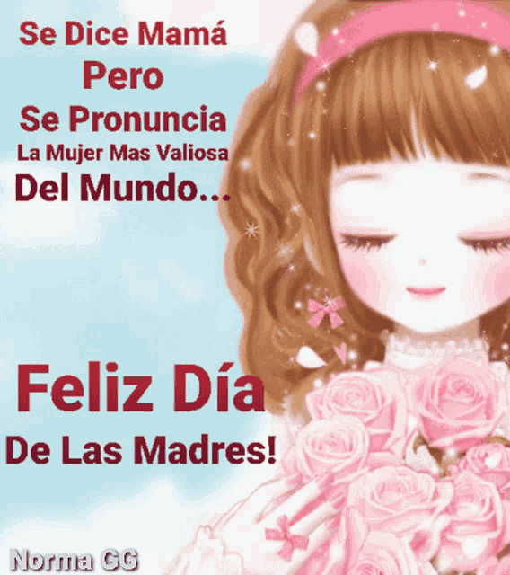 a picture of a girl holding a bouquet of pink roses with the words feliz dia de las madres