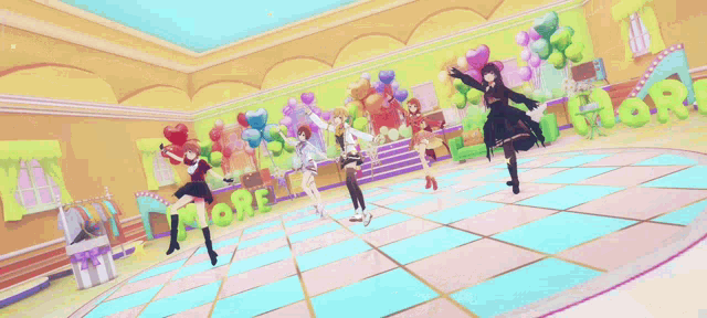 a group of anime girls are dancing in a room with balloons and a sign that says more