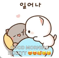 a cartoon of a cat and a dog laying in bed with the words `` good morning sexxy '' .