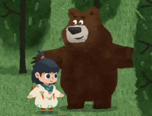 a girl is hugging a brown bear in the woods .