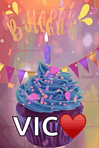 a purple cupcake with blue frosting and a candle that says vic