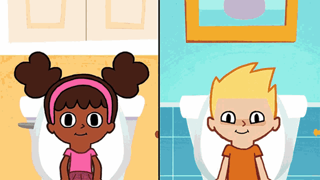 a boy and a girl are sitting on toilets