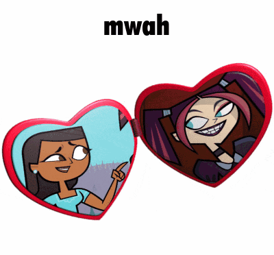 a picture of two girls in a heart shaped frame with the word mwah above it