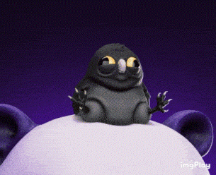 a cartoon character is sitting on top of a purple bear head