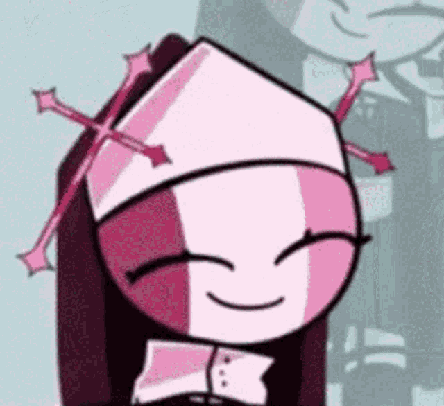 a pink and white cartoon character with a cross on her head is smiling and looking at the camera .