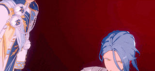 a couple of anime characters with blue hair are standing next to each other on a red background .