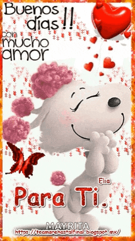 a picture of snoopy with flowers on his head and a heart shaped balloon