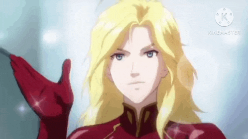 a man with blonde hair and blue eyes is wearing a red suit and a red glove .