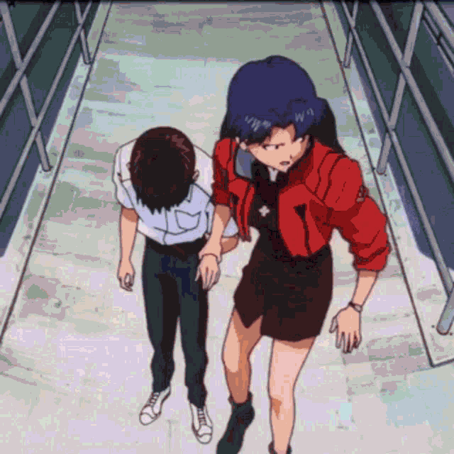 a man and a woman are walking down a hallway in an anime scene