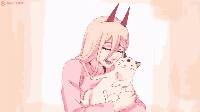 a girl with horns is holding a cat in her arms and the watermark rondeseco is on the bottom right