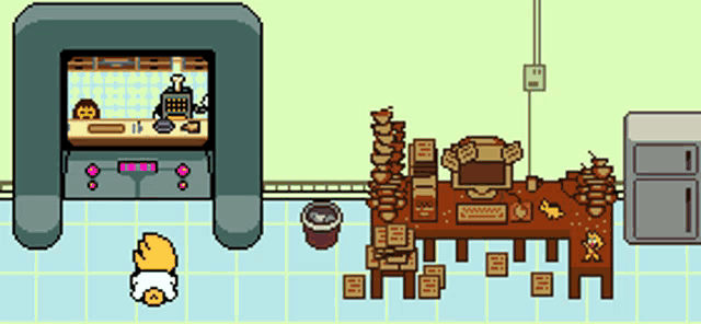 a pixel art drawing of a kitchen with a few items