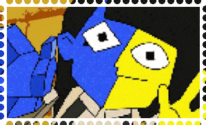 a pixel art of a blue and yellow cartoon character with big eyes