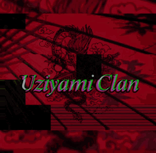 a red and green striped background with the words uzyami clan on it