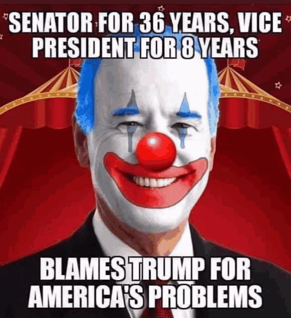 a picture of a man with a clown face painted on his face with the caption blames trump for america 's problems