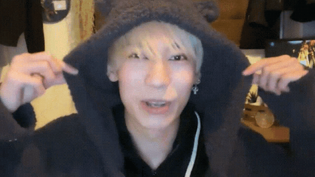 a person wearing a hooded jacket with a bear ear on it