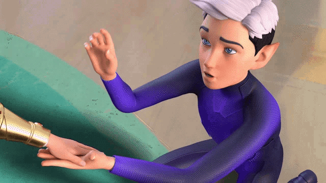a cartoon character in a purple suit is reaching out to another character 's hand