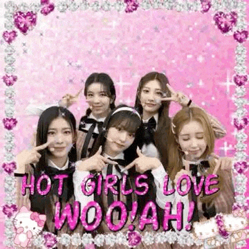 a group of girls are standing next to each other on a pink background and making a peace sign .