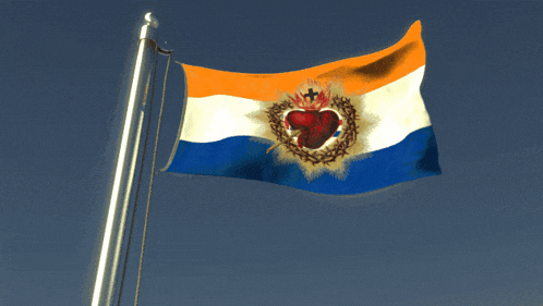 an orange white and blue flag with a heart and a cross on it