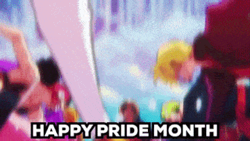 a blurry picture of a group of people with the words happy pride month written in black