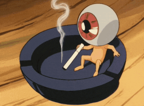 a cartoon character with a large eye on his head smoking a cigarette in an ashtray