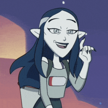 a cartoon character with blue hair and a backpack is smiling and pointing up