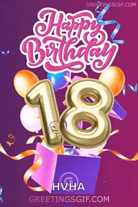 a happy 18th birthday greeting card with balloons and presents .