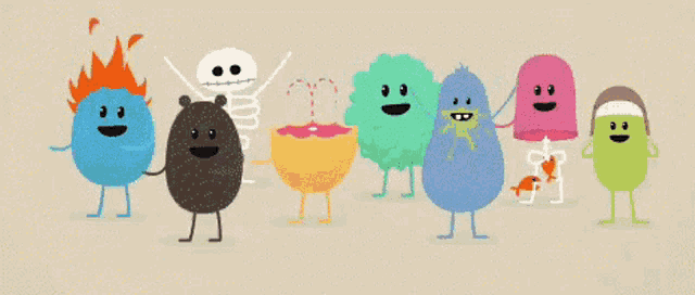 a group of cartoon characters standing next to each other including a skeleton and a fireball